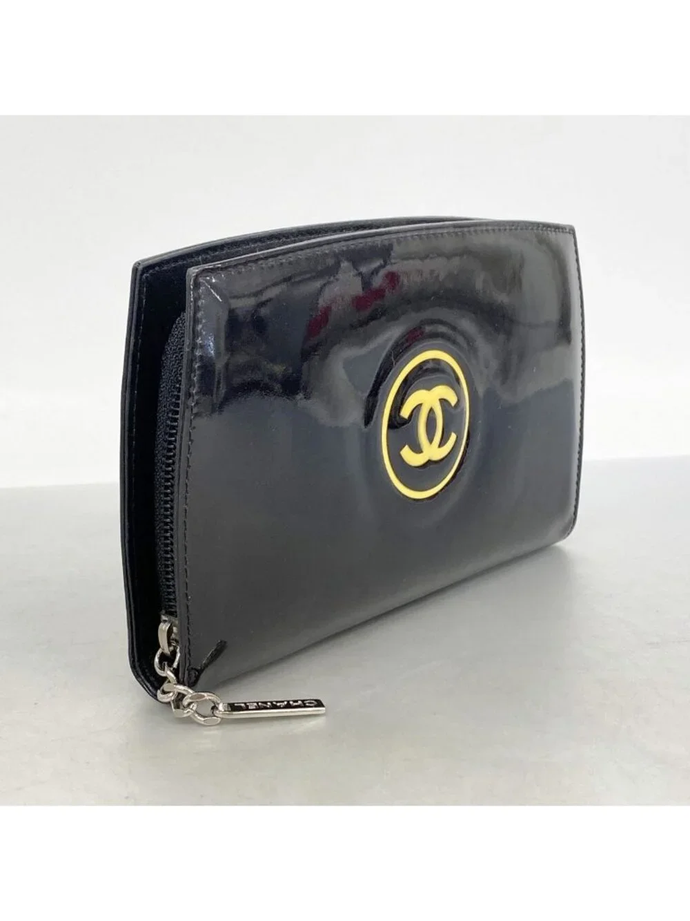 Chanel Wallet Patent Leather Black Silver